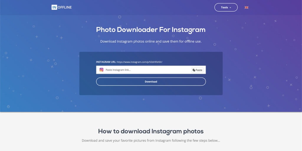 Página principal de Inoffline para descargar fotos de instagram