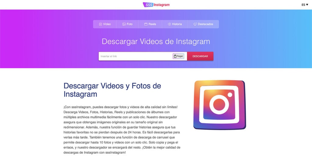 Página principal de SSSInstagram para descargar fotos de instagram